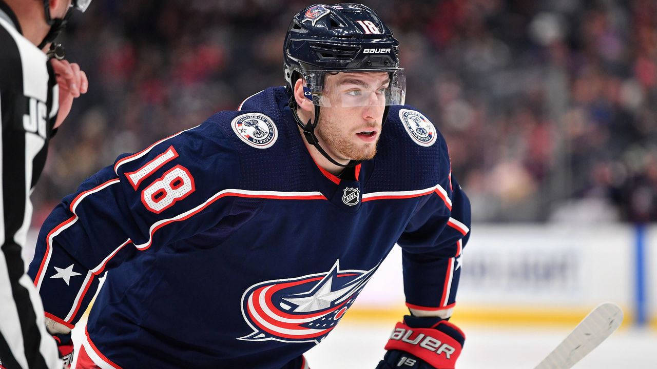 COLUMBUS, OH - DECEMBER 16: Pierre-Luc Dubois #18 of the Columbus Blue Jackets skates against the Washington Capitals on December 16, 2019 at Nationwide Arena in Columbus, Ohio.