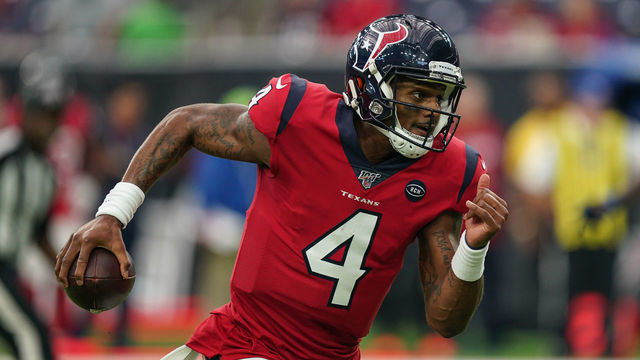 HOUSTON, TX - DECEMBER 08: Houston Texans quarterback Deshaun Watson (4) runs the ball during the NFL game between the Denver Broncos and Houston Texans on December 8, 2019 at NRG Stadium in Houston, TX.