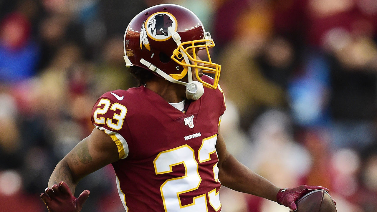 LANDOVER, MD - NOVEMBER 24: Quinton Dunbar #23 of the Washington Redskins celebrates after intercepting a pass by Jeff Driskel #2 of the Detroit Lions (not pictured) in the second half at FedExField on November 24, 2019 in Landover, Maryland.