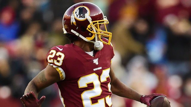 LANDOVER, MD - NOVEMBER 24: Quinton Dunbar #23 of the Washington Redskins celebrates after intercepting a pass by Jeff Driskel #2 of the Detroit Lions (not pictured) in the second half at FedExField on November 24, 2019 in Landover, Maryland.