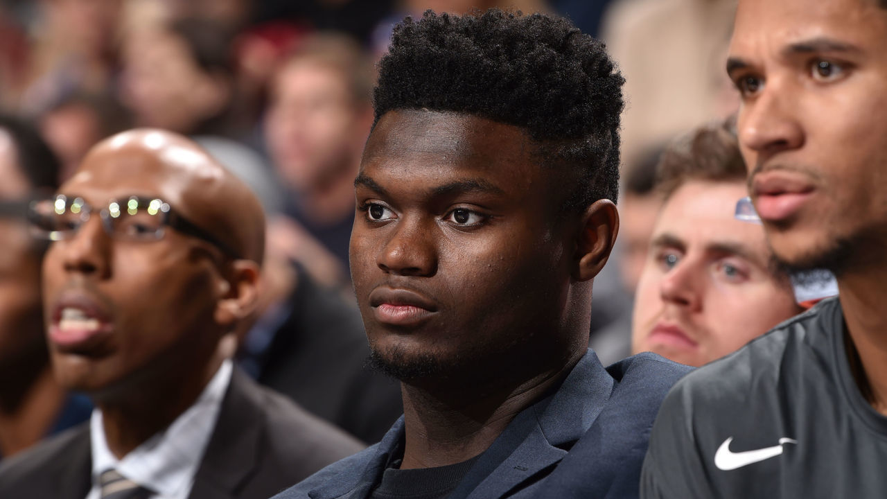 PHILADELPHIA, PA - DECEMBER 14: Zion Williamson #1 of the New Orleans Pelicans looks on during the game against the Philadelphia 76ers on December 14, 2019 at the Wells Fargo Center in Philadelphia, Pennsylvania NOTE TO USER: User expressly acknowledges and agrees that, by downloading and/or using this Photograph, user is consenting to the terms and conditions of the Getty Images License Agreement. Mandatory Copyright Notice: Copyright 2019 NBAE