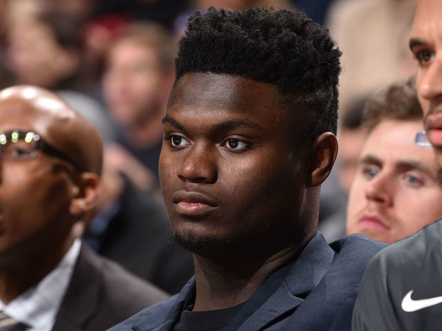 PHILADELPHIA, PA - DECEMBER 14: Zion Williamson #1 of the New Orleans Pelicans looks on during the game against the Philadelphia 76ers on December 14, 2019 at the Wells Fargo Center in Philadelphia, Pennsylvania NOTE TO USER: User expressly acknowledges and agrees that, by downloading and/or using this Photograph, user is consenting to the terms and conditions of the Getty Images License Agreement. Mandatory Copyright Notice: Copyright 2019 NBAE