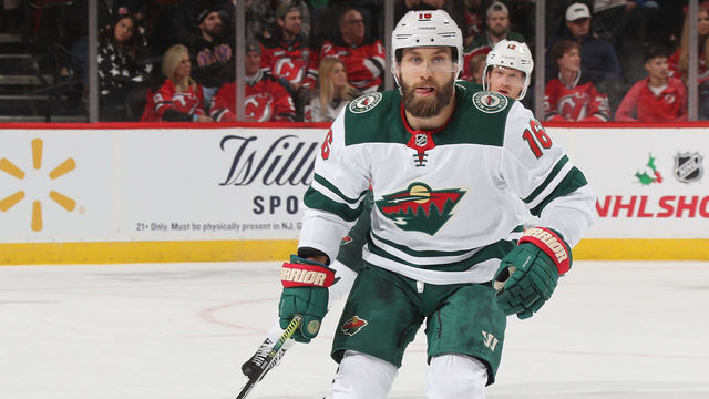 NEWARK, NEW JERSEY - NOVEMBER 26: Jason Zucker #16 of the Minnesota Wild skates against the New Jersey Devils at the Prudential Center on November 26, 2019 in Newark, New Jersey.