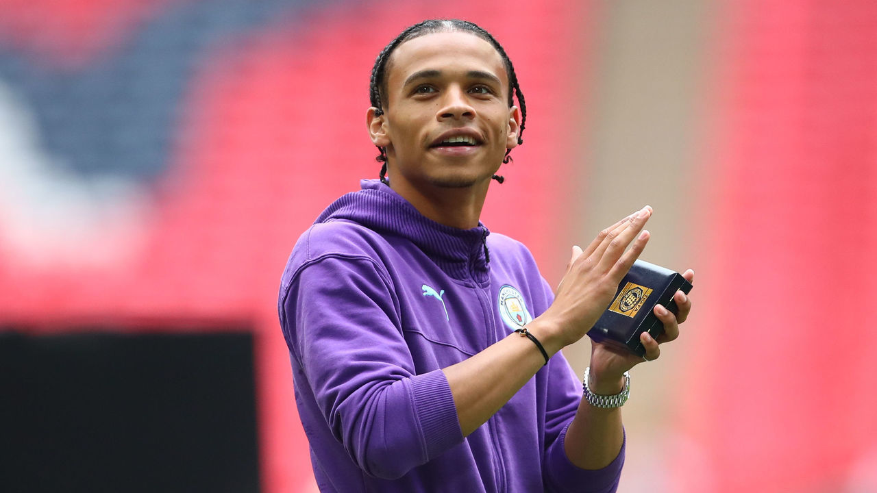 LONDON, ENGLAND - AUGUST 04: Leroy Sane of Manchester City applauds the fans during the FA Community Shield fixture between Liverpool and Manchester City at Wembley Stadium on August 4, 2019 in London, England.