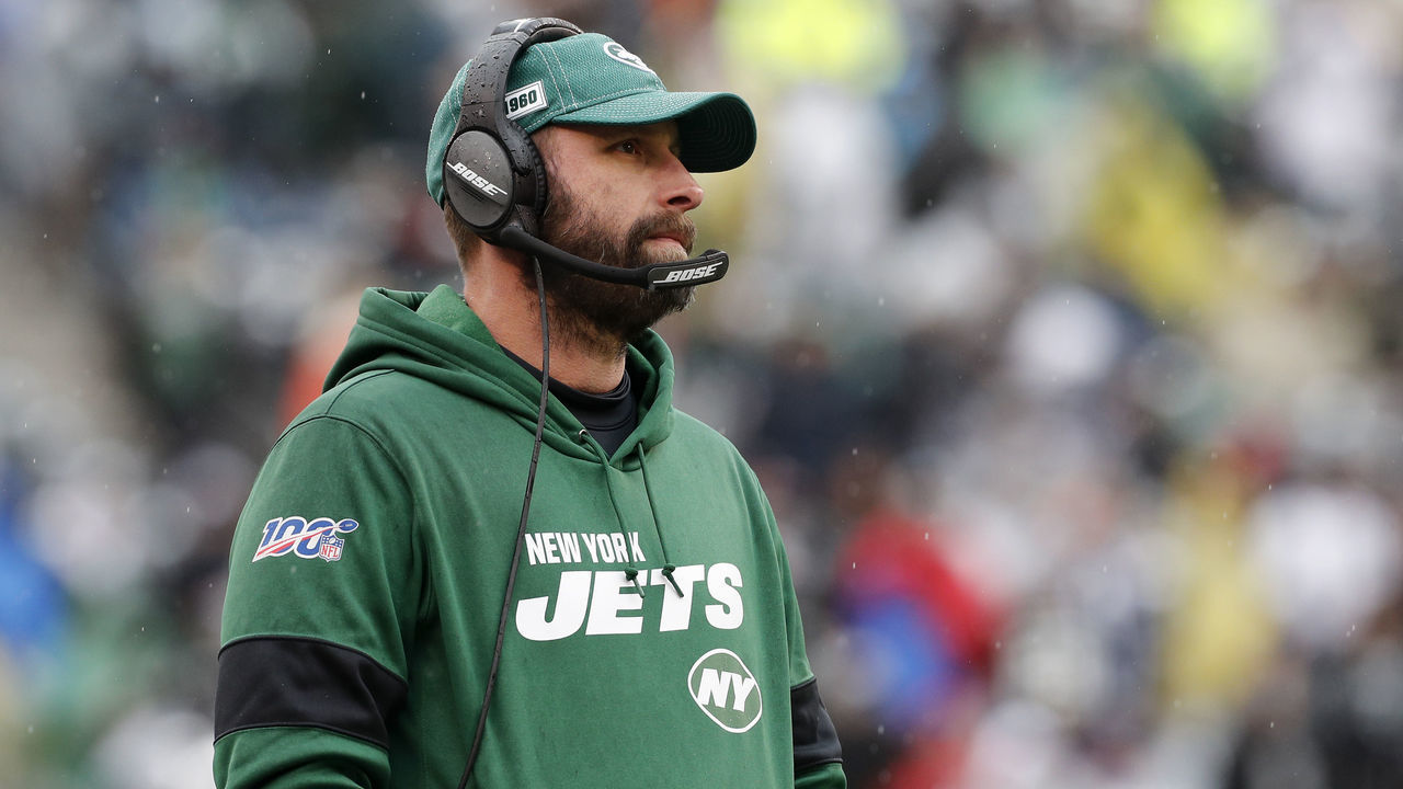 EAST RUTHERFORD, NEW JERSEY - NOVEMBER 24: (NEW YORK DAILIES OUT) Head coach Adam Gase of the New York Jets looks on against the Oakland Raiders at MetLife Stadium on November 24, 2019 in East Rutherford, New Jersey. The Jets defeated the Raiders 34-3.