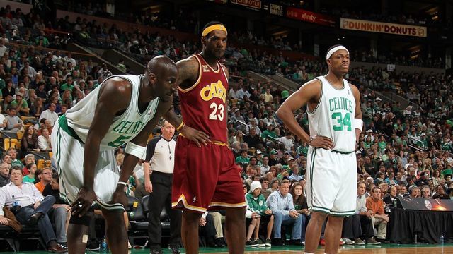 BOSTON - MAY 9: LeBron James #23 of the Cleveland Cavaliers lines up for a foul shot along with Kevin Garnett #5 and Paul Pierce #24 of the Boston Celtics in Game Four of the Eastern Conference Semifinals during the 2010 NBA Playoffs on May 9, 2010 at TD Banknorth Garden in Boston, Massachusetts. The Celtics won 97-87. NOTE TO USER: User expressly acknowledges and agrees that, by downloading and/or using this Photograph, user is consenting to the terms and conditions of the Getty Images License Agreement. Mandatory Copyright Notice: Copyright 2010 NBAE