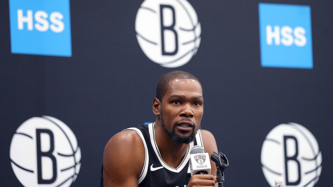 NEW YORK, NEW YORK - SEPTEMBER 27: Kevin Durant #7 of the Brooklyn Nets speaks to media during Brooklyn Nets Media Day at HSS Training Center on September 27, 2019 in the Brooklyn Borough of New York City.