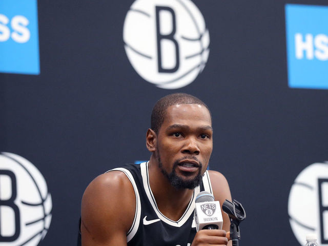 NEW YORK, NEW YORK - SEPTEMBER 27: Kevin Durant #7 of the Brooklyn Nets speaks to media during Brooklyn Nets Media Day at HSS Training Center on September 27, 2019 in the Brooklyn Borough of New York City.