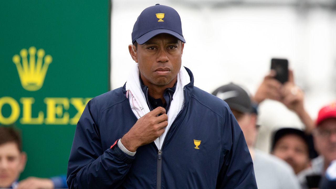 MELBOURNE, VIC - DECEMBER 14: Tiger Woods of team USA during round 3 of The Presidents Cup at Royal Melbourne Golf Club on December 14, 2019 in Melbourne, Australia.