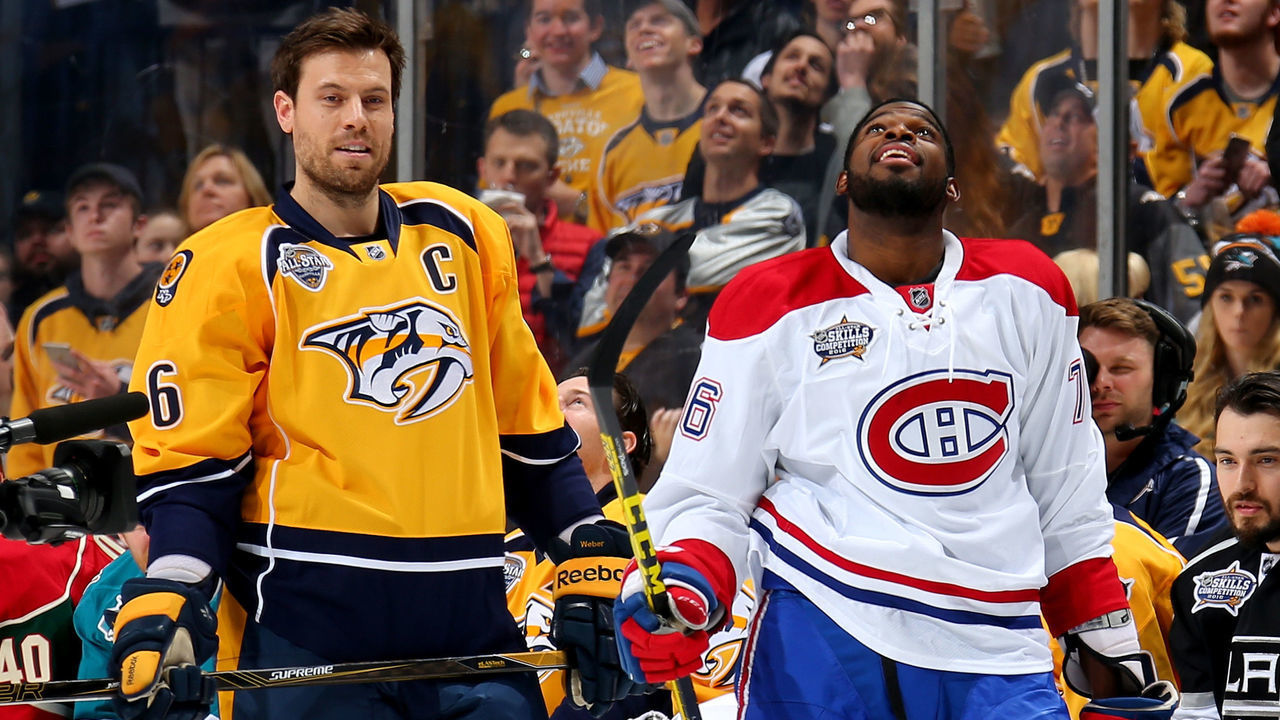 NASHVILLE, TN - JANUARY 30: Shea Weber #6 of the Nashville Predators and P.K. Subban #76 of the Montreal Canadiens look on in the AMP Energy NHL Hardest Shot during the 2016 Honda NHL All-Star Skill Competition at Bridgestone Arena on January 30, 2016 in Nashville, Tennessee.