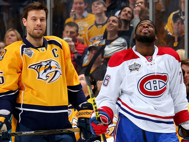 NASHVILLE, TN - JANUARY 30: Shea Weber #6 of the Nashville Predators and P.K. Subban #76 of the Montreal Canadiens look on in the AMP Energy NHL Hardest Shot during the 2016 Honda NHL All-Star Skill Competition at Bridgestone Arena on January 30, 2016 in Nashville, Tennessee.
