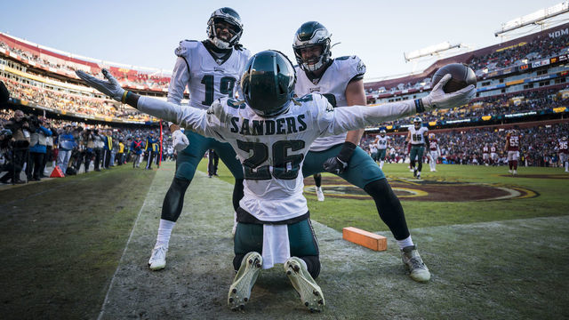 LANDOVER, MD - DECEMBER 15: Miles Sanders #26 of the Philadelphia Eagles celebrates with J.J. Arcega-Whiteside #19 and Dallas Goedert #88 after catching a pass for a touchdown against the Washington Redskins during the second half at FedExField on December 15, 2019 in Landover, Maryland.