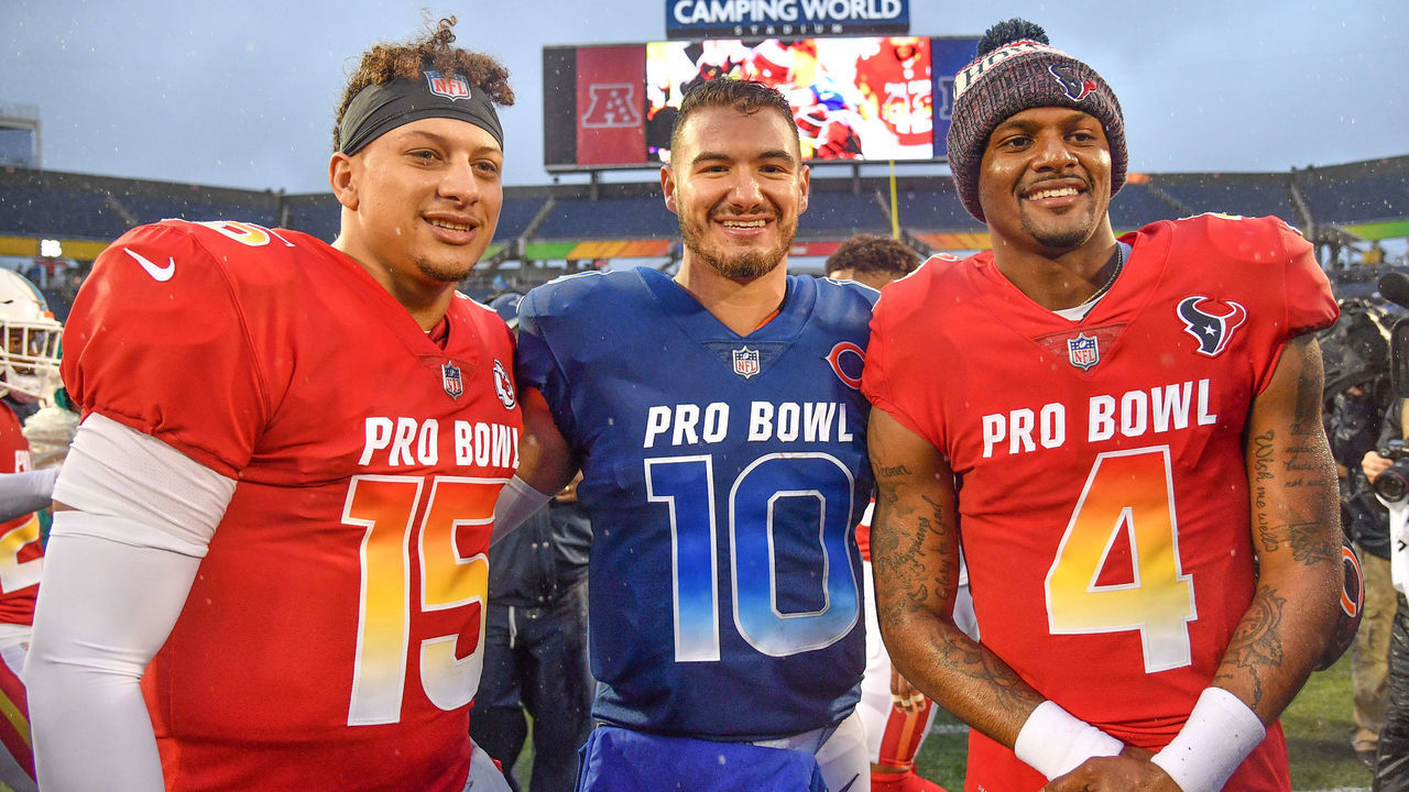 ORLANDO, FL - JANUARY 27: (L-R) Patrick Mahomes #15 of the Kansas City Chiefs, Mitchell Trubisky #10 of the Chicago Bears, and Deshaun Watson #4 of the Houston Texans pose after the 2019 NFL Pro Bowl at Camping World Stadium on January 27, 2019 in Orlando, Florida.
