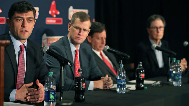 BOSTON, MA - OCTOBER 28: From left, newly-hired chief baseball officer for the Boston Red Sox Chaim Bloom sits with fellow executives Sam Kennedy, Tom Werner and John Henry during an introductory press conference in the State Street Pavilion Club at Fenway Park in Boston on Oct. 28, 2019.