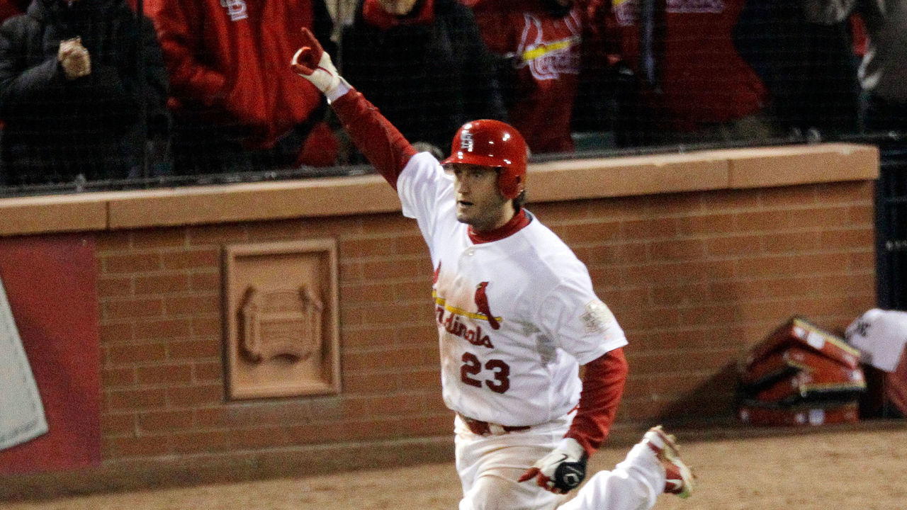 ST LOUIS, MO - OCTOBER 27: David Freese #23 of the St. Louis Cardinals celebrates after hitting a walk off solo home run in the 11th inning to win Game Six of the MLB World Series against the Texas Rangers at Busch Stadium on October 27, 2011 in St Louis, Missouri. The Cardinals won 10-9.