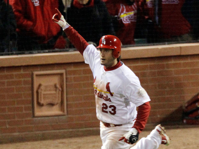 ST LOUIS, MO - OCTOBER 27: David Freese #23 of the St. Louis Cardinals celebrates after hitting a walk off solo home run in the 11th inning to win Game Six of the MLB World Series against the Texas Rangers at Busch Stadium on October 27, 2011 in St Louis, Missouri. The Cardinals won 10-9.