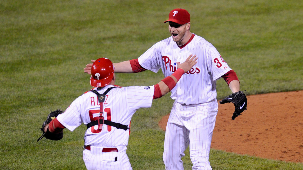 PHILADELPHIA - OCTOBER 06: Roy Halladay #34 of the Philadelphia Phillies celebrates with Carlos Ruiz #51 after throwing a no hitter against the Cincinnati Reds on October 6, 2010 during Game 1 of the NLDS at Citizens Bank Park in Philadelphia, Pennsylvania. The Phillies defeated the Reds 4-0. (Photo by: Rob Tringali/SportsChrome/Getty Images)