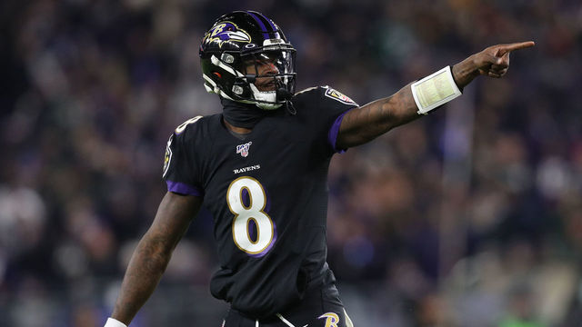 BALTIMORE, MARYLAND - DECEMBER 12: Quarterback Lamar Jackson #8 of the Baltimore Ravens celebrates after a touchdown in the first quarter of the game against the New York Jets at M&T Bank Stadium on December 12, 2019 in Baltimore, Maryland.