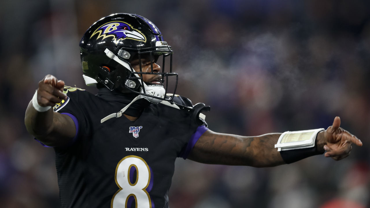 BALTIMORE, MD - DECEMBER 12: Lamar Jackson #8 of the Baltimore Ravens reacts to a play against the New York Jets during the second half at M&T Bank Stadium on December 12, 2019 in Baltimore, Maryland.