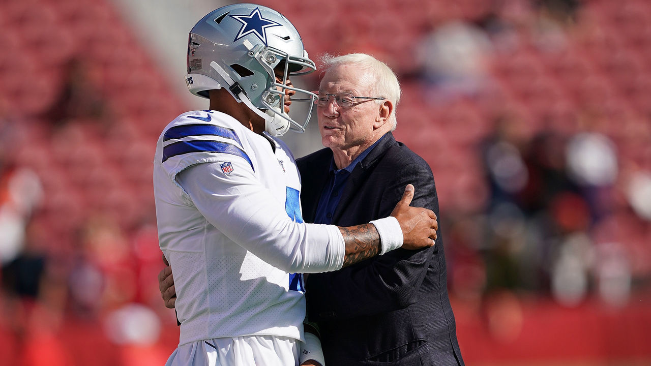 SANTA CLARA, CA - AUGUST 10: Quarterback Dak Prescott #4 and team owner Jerry Jones of the Dallas Cowboys hug each other during pregame warm ups prior to the start of an NFL preseason football game against the San Francisco 49ers at Levi's Stadium on August 10, 2019 in Santa Clara, California.