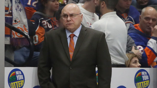 UNIONDALE, NEW YORK - DECEMBER 17: Barry Trotz, the head coach of the New York Islanders handles the bench against the Nashville Predators at NYCB Live's Nassau Coliseum on December 17, 2019 in Uniondale, New York. The Predators defeated the Islanders 8-3.