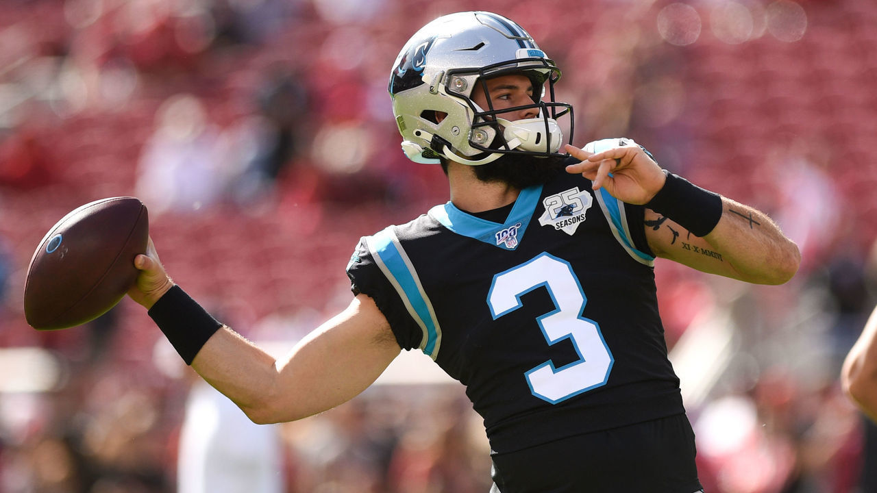 SANTA CLARA, CA - OCTOBER 27: Carolina Panthers Quarterback Will Grier (3) warms up before the NFL game between the Carolina Panthers and San Francisco 49ers at Levi's Stadium on October 27, 2019 in Santa Clara, CA.