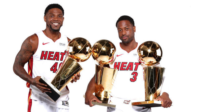 MIAMI, FL - September 24: Dwyane Wade #3 and Udonis Haslem #40 of the Miami Heat poses for a potrait during NBA Media Day on September 24, 2018 at the American Airlines Area in Miami, Florida. NOTE TO USER: User expressly acknowledges and agrees that, by downloading and/or using this photograph, user is consenting to the terms and conditions of the Getty Images License Agreement. Mandatory copyright notice: Copyright NBAE 2018