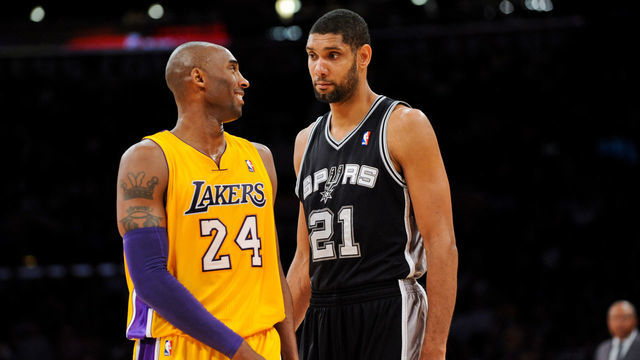 LOS ANGELES, CA - NOVEMBER 13: Tim Duncan #21 of the San Antonio Spurs and Kobe Bryant #24 of the Los Angeles Lakers share a laugh while playing on November 13, 2012 at the Staples Center in Los Angeles, California. Mandatory Copyright Notice: Copyright 2012 NBAE