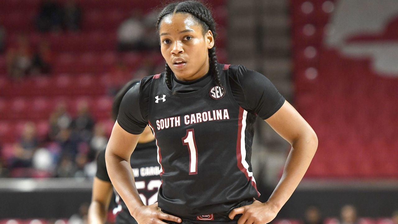 COLLEGE PARK, MD - NOVEMBER 10: Zia Cooke #1 of the South Carolina Gamecocks looks on during a women's basketball game against the against the Maryland Terrapins at the Xfinity Center on November 10, 2019 in College Park, Maryland.