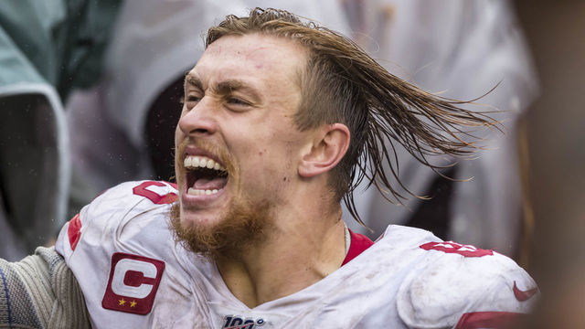 LANDOVER, MD - OCTOBER 20: George Kittle #85 of the San Francisco 49ers celebrates after the game against the Washington Redskins at FedExField on October 20, 2019 in Landover, Maryland.