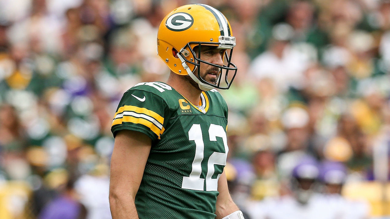 GREEN BAY, WISCONSIN - SEPTEMBER 15: Aaron Rodgers #12 of the Green Bay Packers looks on in the third quarter against the Minnesota Vikings at Lambeau Field on September 15, 2019 in Green Bay, Wisconsin.