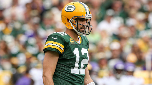 GREEN BAY, WISCONSIN - SEPTEMBER 15: Aaron Rodgers #12 of the Green Bay Packers looks on in the third quarter against the Minnesota Vikings at Lambeau Field on September 15, 2019 in Green Bay, Wisconsin.