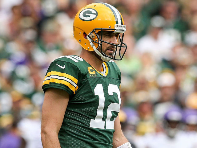 GREEN BAY, WISCONSIN - SEPTEMBER 15: Aaron Rodgers #12 of the Green Bay Packers looks on in the third quarter against the Minnesota Vikings at Lambeau Field on September 15, 2019 in Green Bay, Wisconsin.