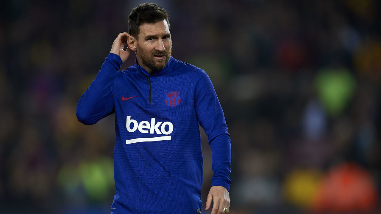 Lionel Messi of Barcelona during the warm-up before the Liga match between FC Barcelona and Real Madrid CF at Camp Nou on October 26, 2019 in Barcelona, Spain.