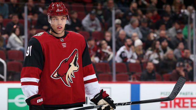 GLENDALE, ARIZONA - DECEMBER 19: Taylor Hall #91 of the Arizona Coyotes awaits a face off against the Minnesota Wild during the first period of the NHL game at Gila River Arena on December 19, 2019 in Glendale, Arizona.