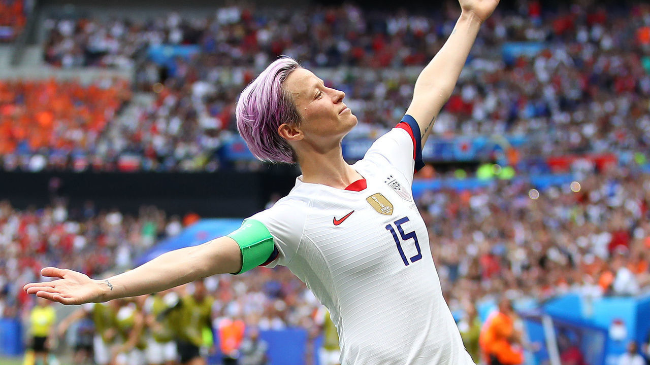 LYON, FRANCE - JULY 07: Megan Rapinoe of the USA celebrates scoring the first goal from the penalty spot during the 2019 FIFA Women's World Cup France Final match between The United State of America and The Netherlands at Stade de Lyon on July 07, 2019 in Lyon, France.