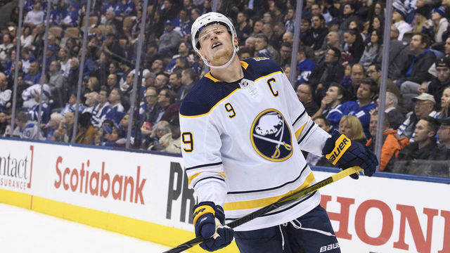 TORONTO, ON - DECEMBER 17: Buffalo Sabres center Jack Eichel (9) reacts during the third period in a game between the Toronto Maple Leafs and the Buffalo Sabres on December 17, 2019, at Scotiabank Arena in Toronto, Ontario Canada.