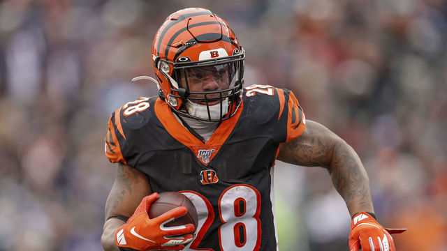 CINCINNATI, OH - DECEMBER 15: Joe Mixon #28 of the Cincinnati Bengals runs the ball during the second half against the New England Patriots at Paul Brown Stadium on December 15, 2019 in Cincinnati, Ohio.