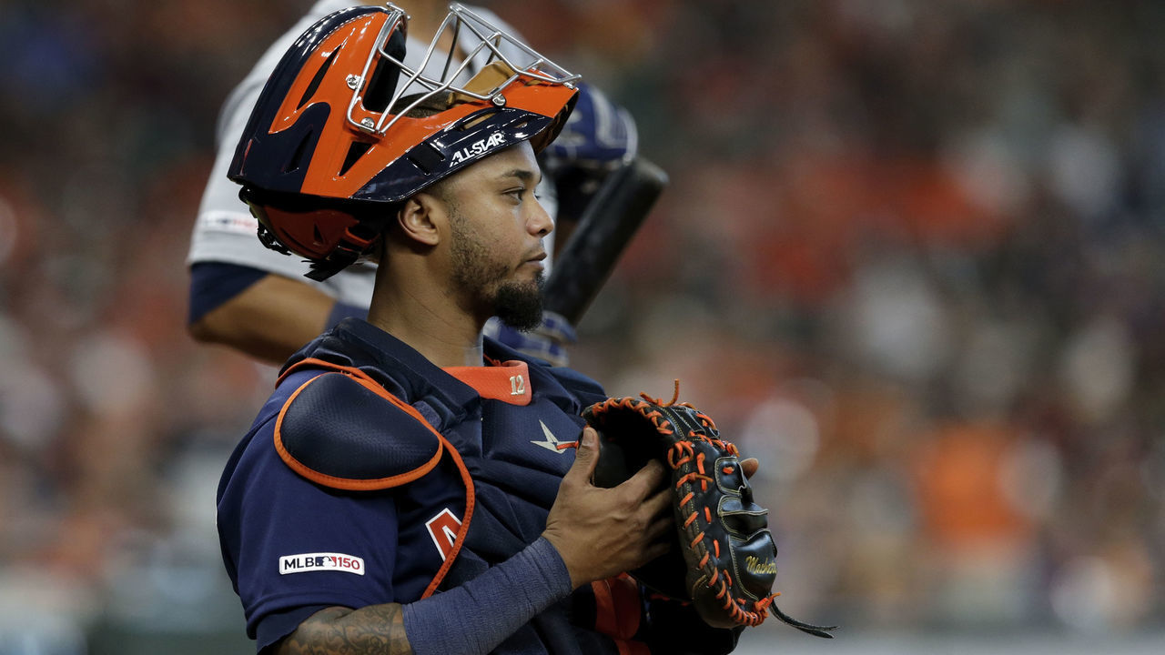 HOUSTON, TX - SEPTEMBER 08: Martin Maldonado #12 of the Houston Astros reacts in the eighth inning against the Seattle Mariners at Minute Maid Park on September 8, 2019 in Houston, Texas.