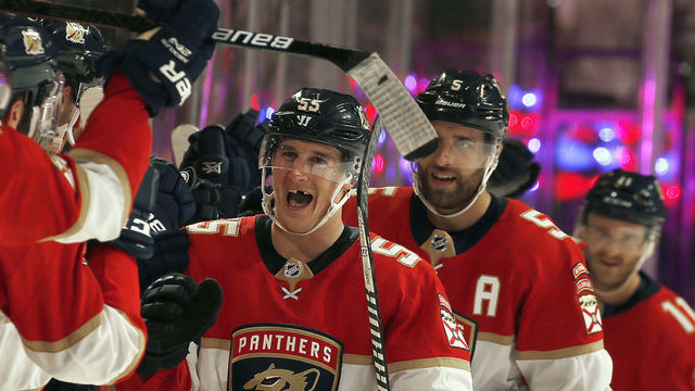 SUNRISE, FL - DECEMBER 16: Noel Acciari #55 of the Florida Panthers celebrates his third goal of the game with teammatesat against the Ottawa Senators the BB&T Center on December 16, 2019 in Sunrise, Florida.