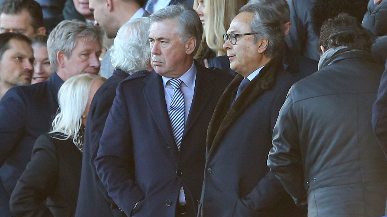 LIVERPOOL, ENGLAND - DECEMBER 21: Carlo Ancelotti, Manager of Everton talks to Everton owner Farhad Moshiri in the stands during the Premier League match between Everton FC and Arsenal FC at Goodison Park on December 21, 2019 in Liverpool, United Kingdom.