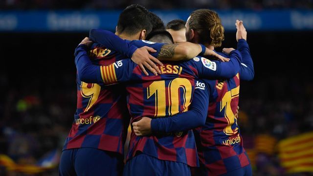BARCELONA, SPAIN - DECEMBER 21: Barcelona's Argentinian forward Lionel Messi celebrates his goal during the Spanish League football match FC Barcelona vs Alaves at the Camp Nou stadium in Barcelona on December 21, 2019.