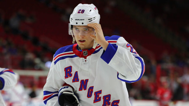 RALEIGH, NC - NOVEMBER 07: New York Rangers center Lias Andersson (28) during the warmups of the Carolina Hurricanes game versus the New York Rangers on November 7th, 2019 at PNC Arena in Raleigh, NC