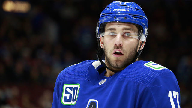 VANCOUVER, BC - DECEMBER 12: Josh Leivo #17 of the Vancouver Canucks looks on from the bench during their NHL game against the Carolina Hurricanes at Rogers Arena December 12, 2019 in Vancouver, British Columbia, Canada. "n