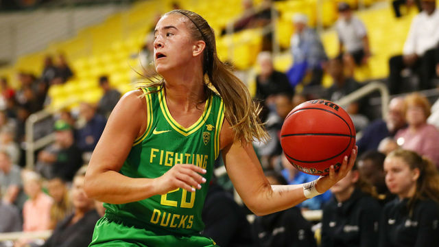 LONG BEACH, CALIFORNIA - DECEMBER 14: Sabrina Ionescu #20 of the Oregon Ducks moves the ball in the second quarter against Long Beach State at Walter Pyramid on December 14, 2019 in Long Beach, California.