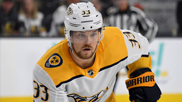 LAS VEGAS, NEVADA - OCTOBER 15: Viktor Arvidsson #33 of the Nashville Predators waits for a faceoff in the first period of a game against the Vegas Golden Knights during their game at T-Mobile Arena on October 15, 2019 in Las Vegas, Nevada. The Predators defeated the Golden Knights 5-2.