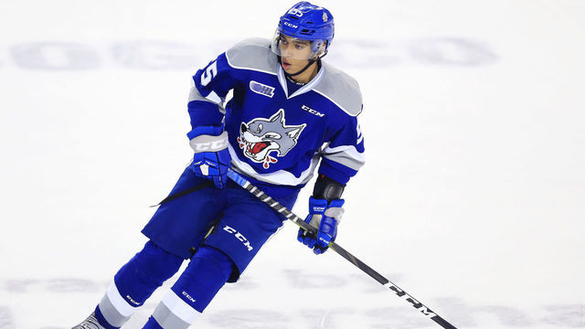 ST CATHARINES, ON - OCTOBER 4: Quinton Byfield #55 of the Sudbury Wolves skates during an OHL game against the Niagara IceDogs at Meridian Centre on October 4, 2018 in St Catharines, Canada.