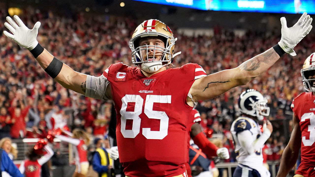 SANTA CLARA, CALIFORNIA - DECEMBER 21: Tight end George Kittle #85 of the San Francisco 49ers celebrates his fourth quarter touchdown over the Los Angeles Rams at Levi's Stadium on December 21, 2019 in Santa Clara, California.