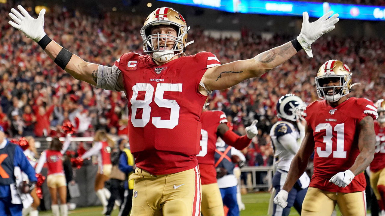 SANTA CLARA, CALIFORNIA - DECEMBER 21: Tight end George Kittle #85 of the San Francisco 49ers celebrates his fourth quarter touchdown over the Los Angeles Rams at Levi's Stadium on December 21, 2019 in Santa Clara, California.