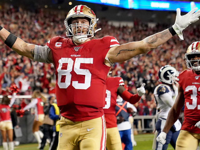 SANTA CLARA, CALIFORNIA - DECEMBER 21: Tight end George Kittle #85 of the San Francisco 49ers celebrates his fourth quarter touchdown over the Los Angeles Rams at Levi's Stadium on December 21, 2019 in Santa Clara, California.